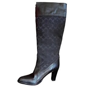 Coach Yvette Tall Leather & Logo Fabric Mixed Media Boots Black Women's Size 10B